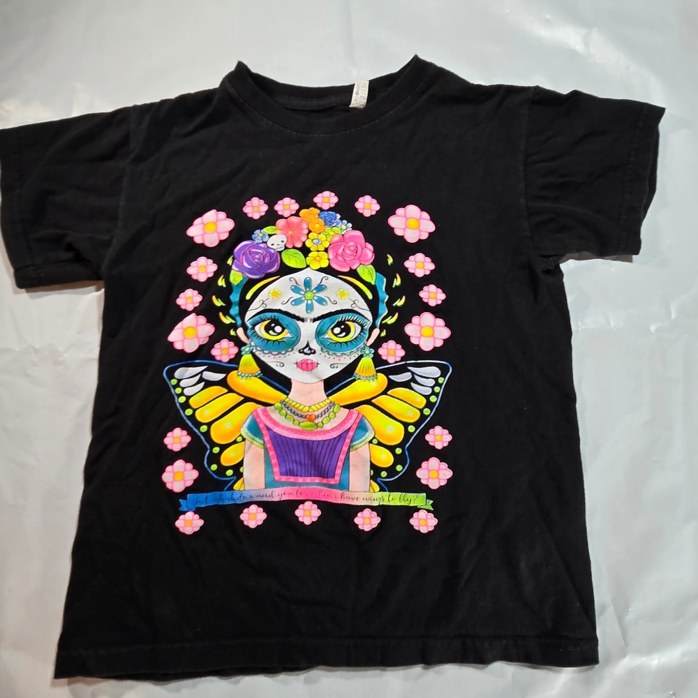 Wolf Rivera Frida Kahlo Sugar Skull Butterfly Kids T-Shirt Black Cotton Size L